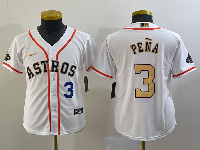 Youth Houston Astros #3 Jeremy Pena Number 2023 White Gold World Serise Champions Patch Cool Base Stitched Jersey1