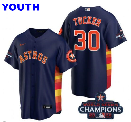Youth Houston Astros #30 Kyle Tucker 2022 World Series Champions Navy Alternate Stitched Jersey