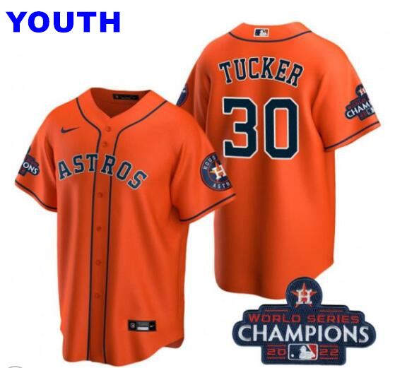 Youth Houston Astros #30 Kyle Tucker 2022 World Series Champions Orange Alternate Stitched Jersey