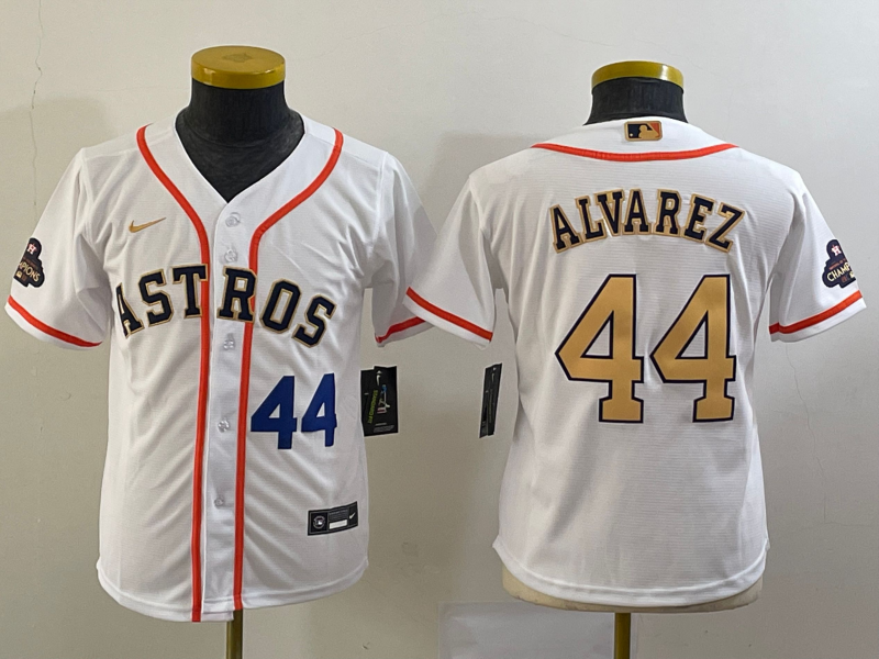 Youth Houston Astros #44 Yordan Alvarez Number 2023 White Gold World Serise Champions Patch Cool Base Stitched Jersey1