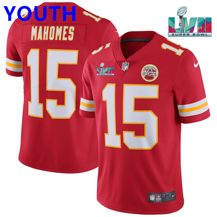 Youth Kansas City Chiefs #15 Patrick Mahomes Red Super Bowl LVII Patch Vapor Untouchable Limited Stitched Jersey
