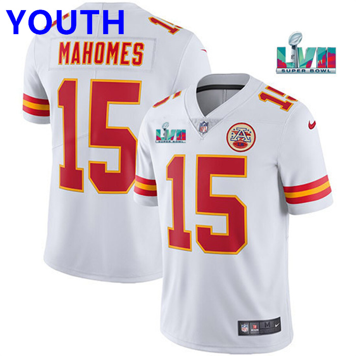 Youth Kansas City Chiefs #15 Patrick Mahomes White Super Bowl LVII Patch Vapor Untouchable Limited Stitched Jersey
