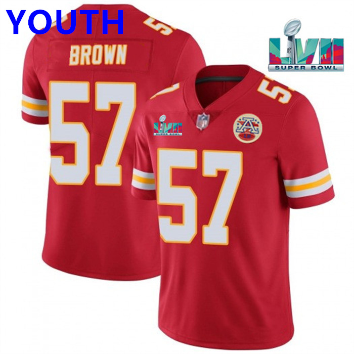 Youth Kansas City Chiefs #57 Orlando Brown Red Super Bowl LVII Patch Vapor Untouchable Limited Stitched Jersey