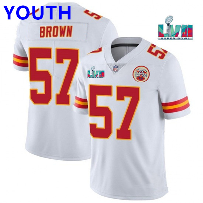 Youth Kansas City Chiefs #57 Orlando Brown White Super Bowl LVII Patch Vapor Untouchable Limited Stitched Jersey