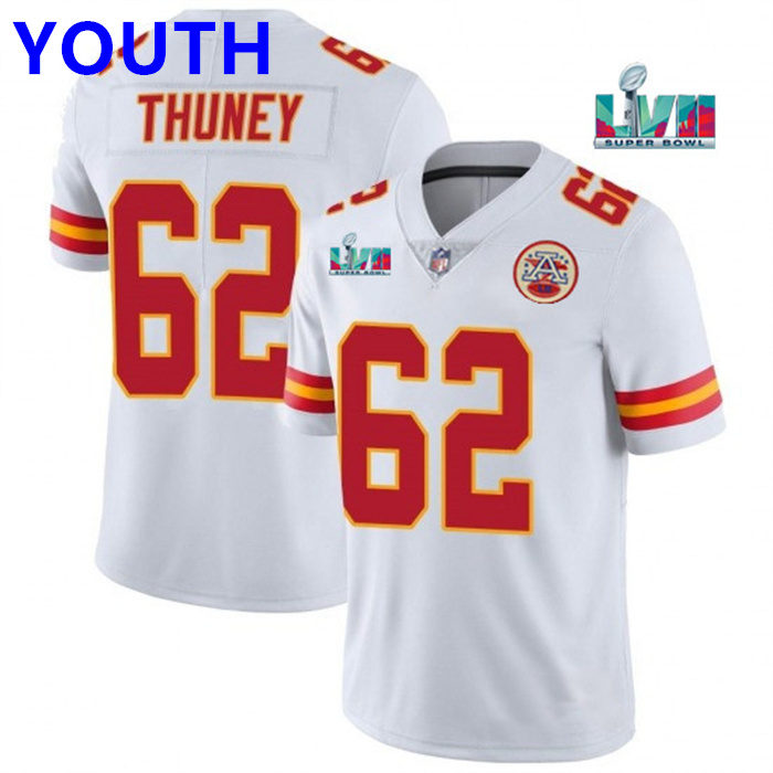 Youth Kansas City Chiefs #62 Joe Thuney White Super Bowl LVII Patch Vapor Untouchable Limited Stitched Jersey