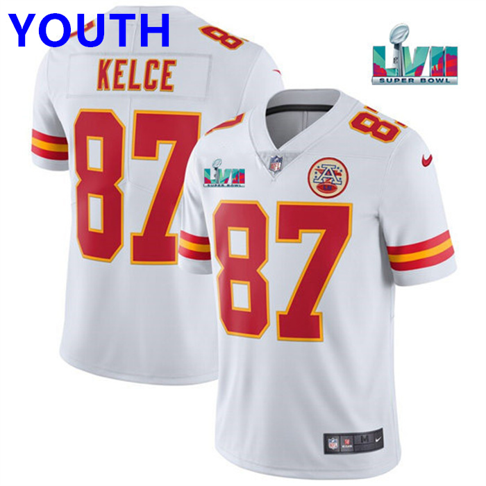 Youth Kansas City Chiefs #87 Travis Kelce White Super Bowl LVII Patch Vapor Untouchable Limited Stitched Jersey