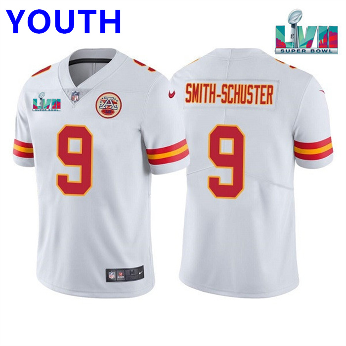 Youth Kansas City Chiefs #9 JuJu Smith-Schuster White Super Bowl LVII Patch Vapor Untouchable Limited Stitched Jersey