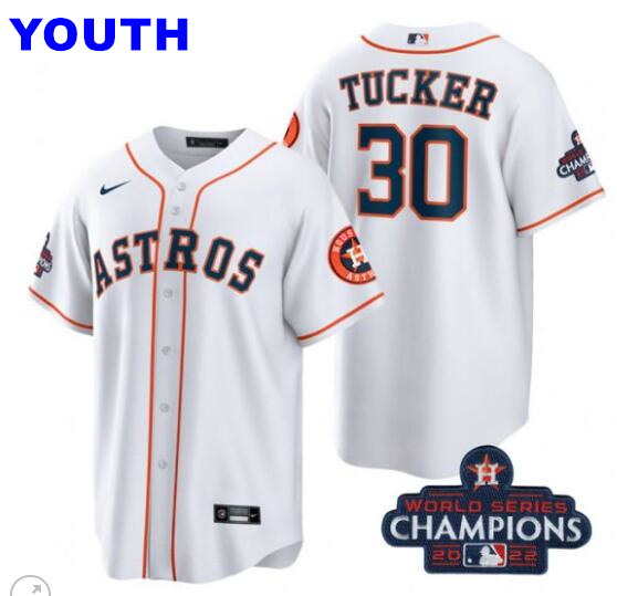 Youth Kyle Tucker Houston Astros #30  2022 World Series Champions White Stitched Jersey