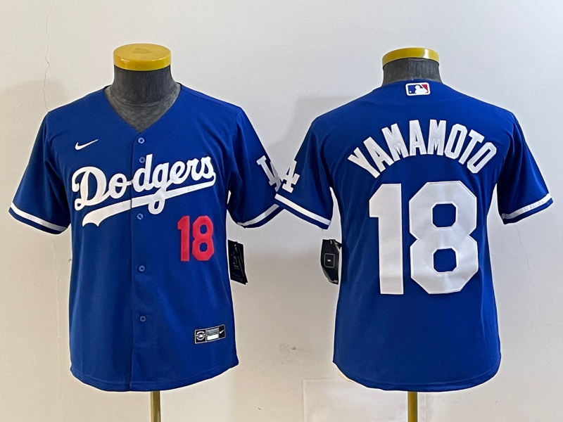 Youth Los Angeles Dodgers #18 Yoshinobu Yamamoto Number Blue Stitched Cool Base Nike Jersey