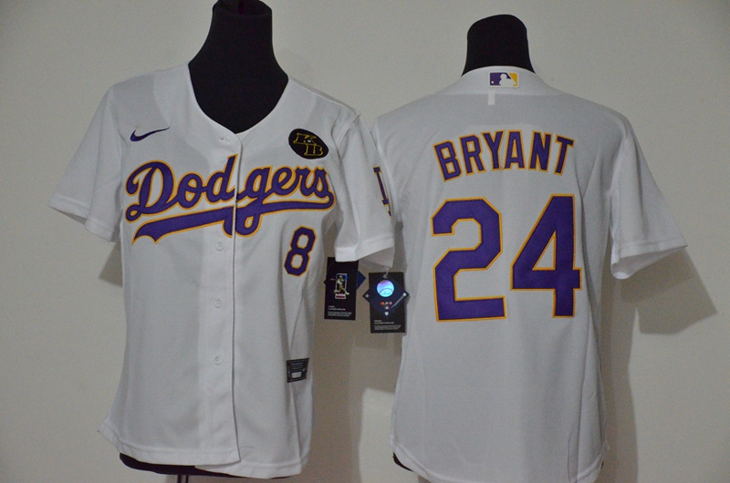 Youth Los Angeles Dodgers #24 Kobe Bryant White Purple Name KB Patch Stitched MLB Cool Base Nike Jersey