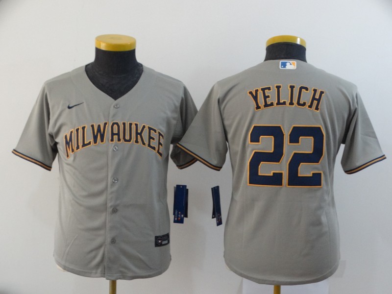 Youth Milwaukee Brewers #22 Christian Yelich Gray Stitched MLB Cool Base Nike Jersey