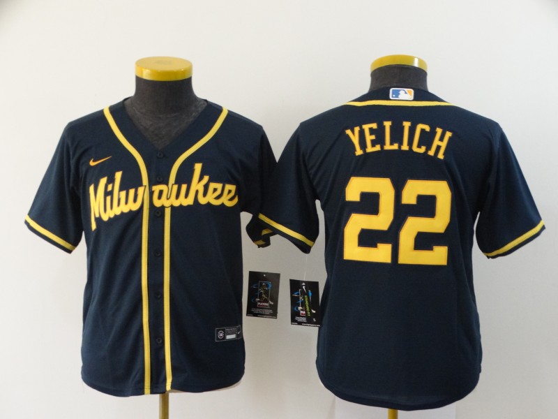 Youth Milwaukee Brewers #22 Christian Yelich Navy Blue Stitched MLB Cool Base Nike Jersey
