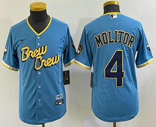 Youth Milwaukee Brewers #4 Paul Molitor Blue 2022 City Connect Cool Base Stitched Jersey