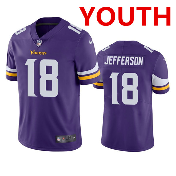 Youth Minnesota Vikings #18 Justin Jefferson Purple Vapor Untouchable Limited Stitched Jersey