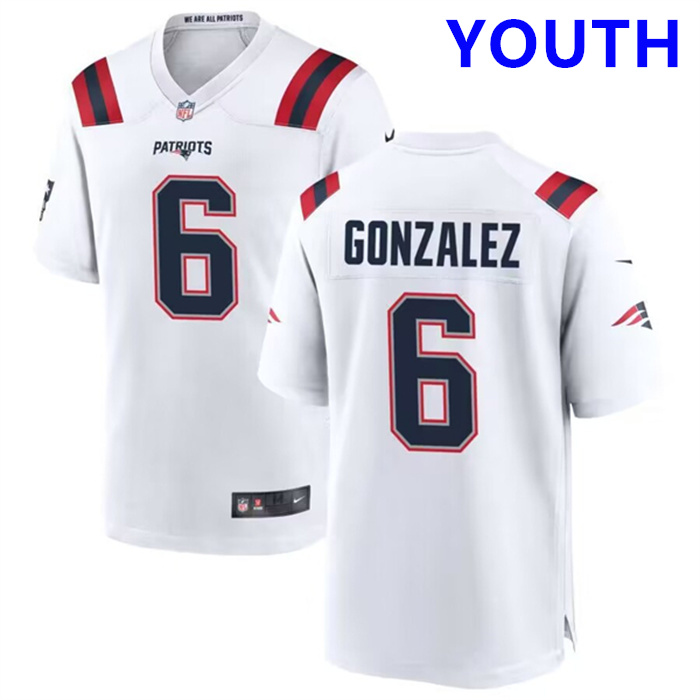 Youth New England Patriots #6 Christian Gonzalez White Stitched Game Jersey