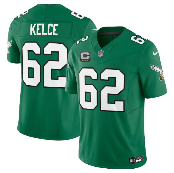 Youth Philadelphia Eagles #62 Jason Kelce Green 2023 F.U.S.E. With C Patch Stitched Football Jersey