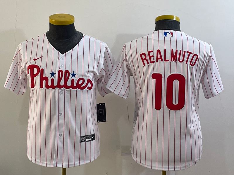 Youth Philadelphia Phillies #10 JT Realmuto White Stitched MLB Cool Base Nike Jersey