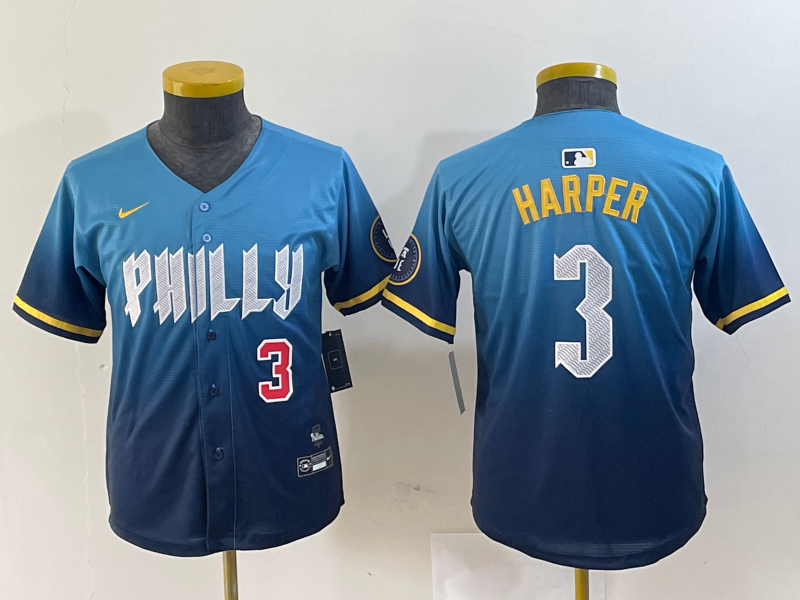 Youth Philadelphia Phillies #3 Bryce Harper Number Blue 2024 City Connect Limited Stitched Jersey