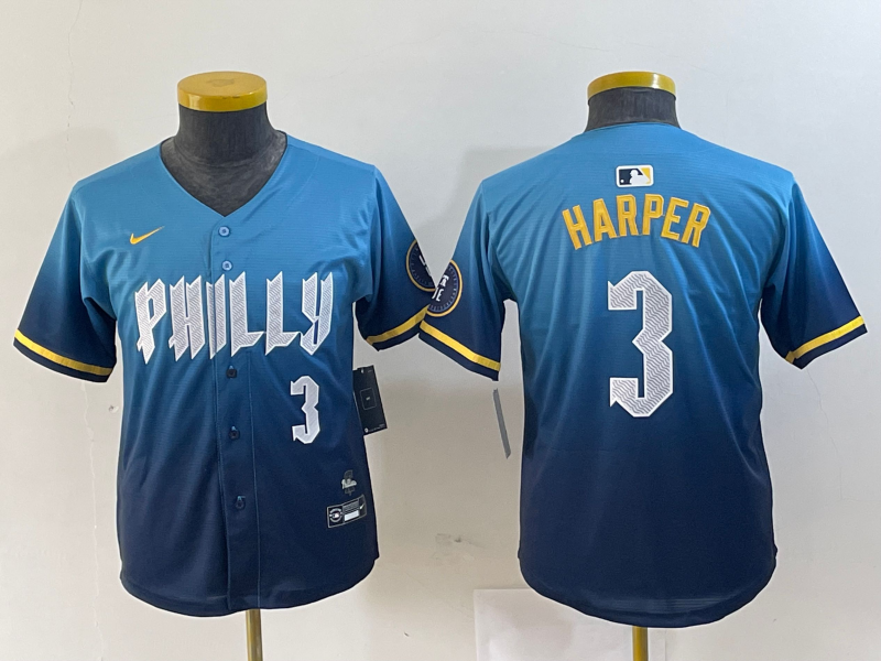 Youth Philadelphia Phillies #3 Bryce Harper Number Blue 2024 City Connect Limited Stitched Jerseys