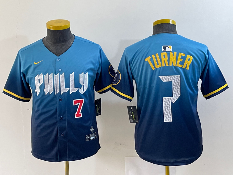 Youth Philadelphia Phillies #7 Trea Turner Number Blue 2024 City Connect Limited Stitched Jersey
