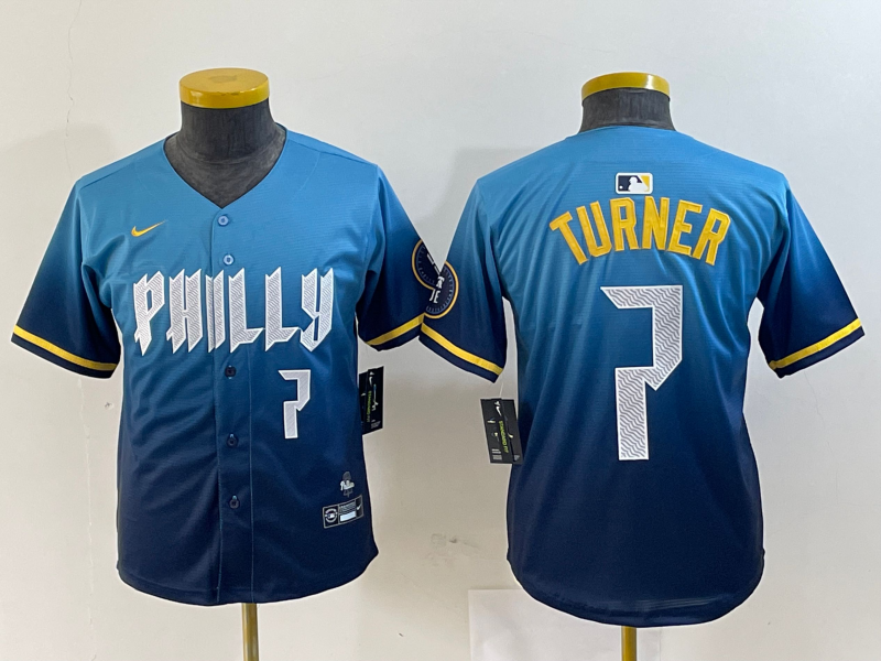 Youth Philadelphia Phillies #7 Trea Turner Number Blue 2024 City Connect Limited Stitched Jerseys