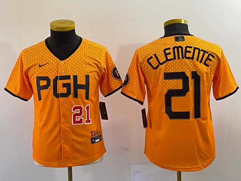 Youth Pittsburgh Pirates #21 Roberto Clemente Number Yellow 2023 City Connect Stitched Jersey