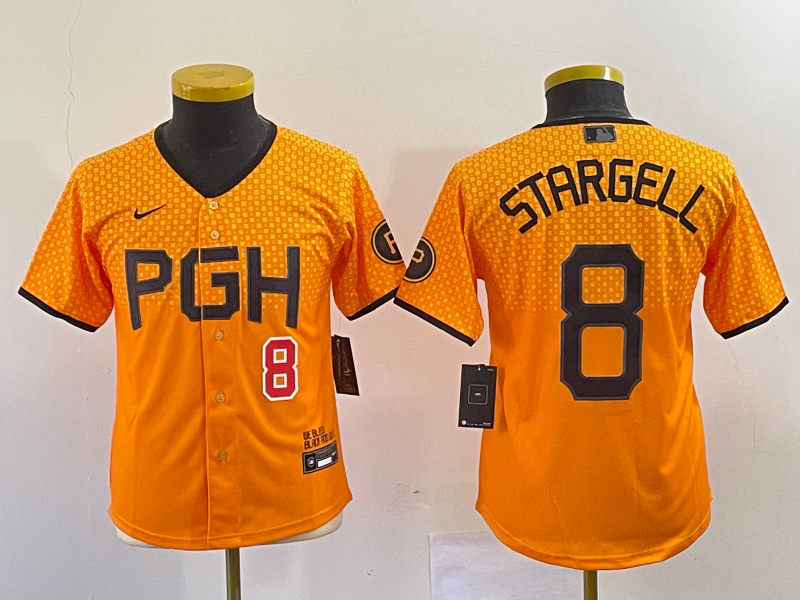 Youth Pittsburgh Pirates #8 Willie Stargell Number Yellow 2023 City Connect Stitched Jersey