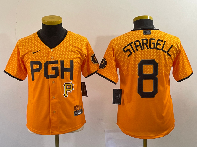 Youth Pittsburgh Pirates #8 Willie Stargell Number Yellow 2023 City Connect Stitched Jersey5