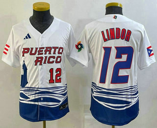 Youth Puerto Rico Baseball #12 Francisco Lindor Number 2023 White World Baseball Classic Stitched Jersey