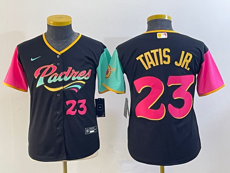 Youth San Diego Padres #23 Fernando Tatis Jr Black Number 2022 City Connect Cool Base Stitched Jersey