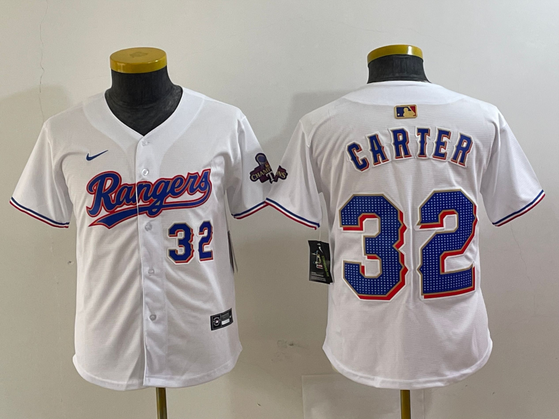 Youth Texas Rangers #32 Evan Carter Number White 2024 Gold Collection Limited Cool Base Jerseys