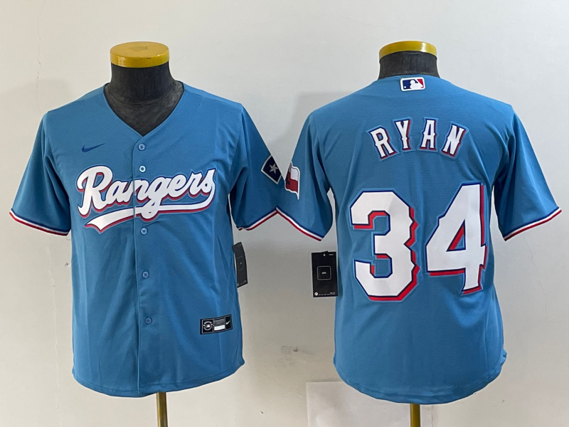 Youth Texas Rangers #34 Nolan Ryan Light Blue Team Logo Cool Base Jersey