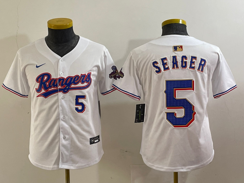 Youth Texas Rangers #5 Corey Seager Number White 2024 Gold Collection Limited Cool Base Jersey