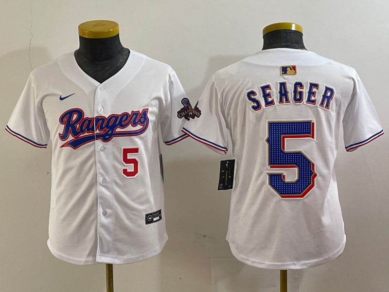 Youth Texas Rangers #5 Corey Seager Number White 2024 Gold Collection Limited Cool Base Jerseys