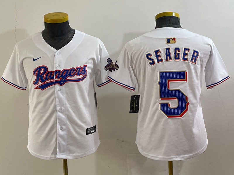 Youth Texas Rangers #5 Corey Seager White 2024 Gold Collection Limited Cool Base Jersey