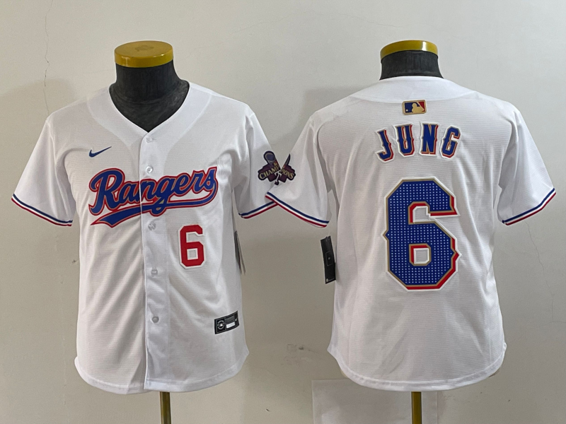 Youth Texas Rangers #6 Josh Jung Number White 2024 Gold Collection Limited Cool Base Jersey